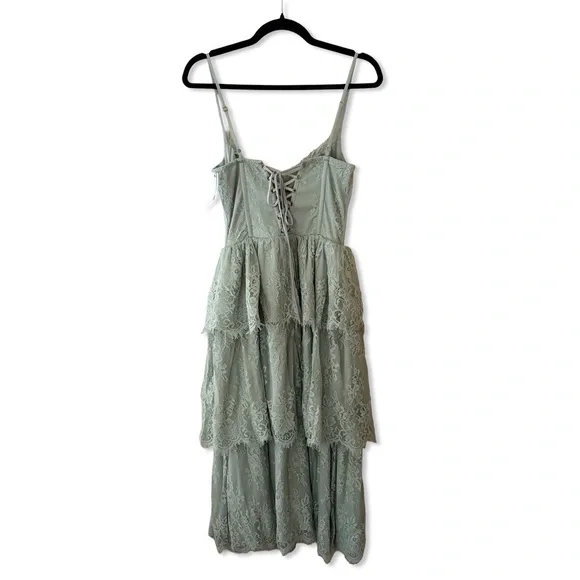 V. Chapman Mia Dress Sage Lace Tiered Midi Dress corset bustier Green Revolve 4 - Picture 4 of 10